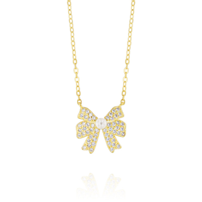 COLLANA FIOCCO CON PERLA BIANCA E ZIRCONI BIANCHI – PLACCATO ORO