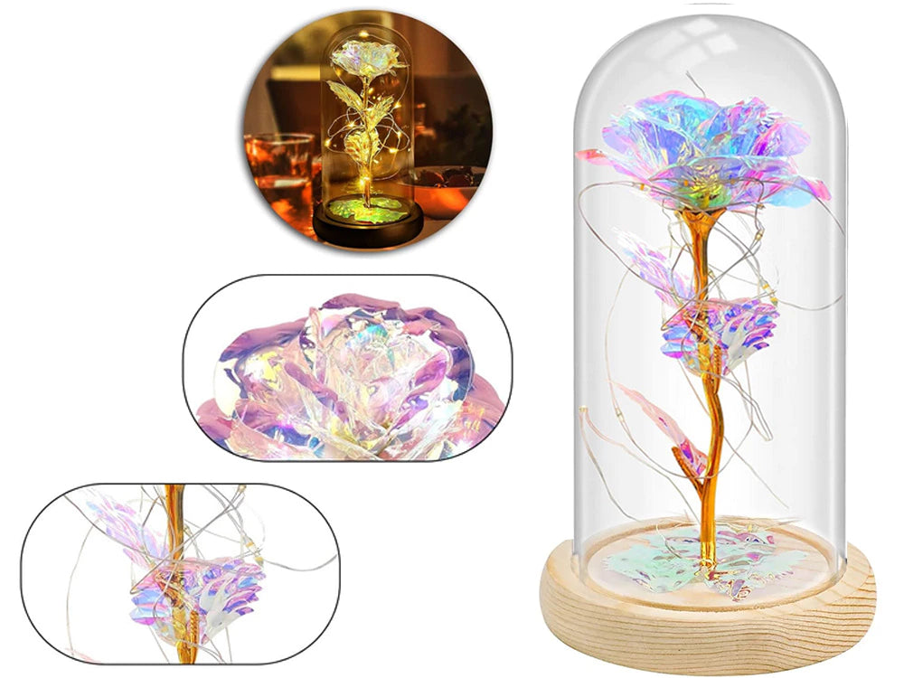 Rosa eterna in vetro, regalo in vetro luminoso a LED