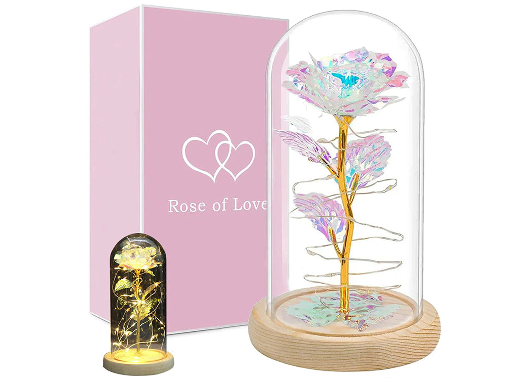 Rosa eterna in vetro, regalo in vetro luminoso a LED