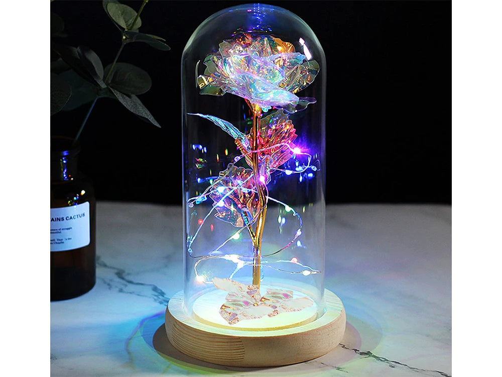 Rosa eterna in vetro, regalo in vetro luminoso a LED