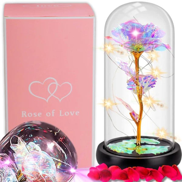 Rosa eterna in vetro, regalo in vetro luminoso a LED, sfumature oro