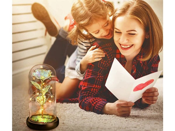 Rosa eterna in vetro, regalo in vetro luminoso a LED, sfumature oro