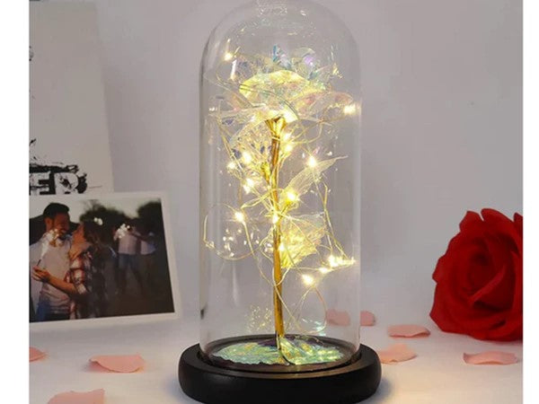 Rosa eterna in vetro, regalo in vetro luminoso a LED, sfumature oro