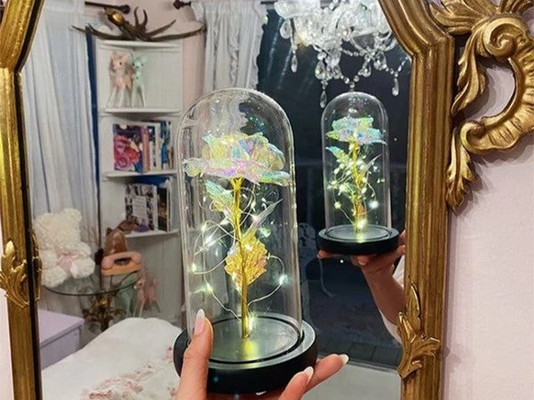 Rosa eterna in vetro, regalo in vetro luminoso a LED, sfumature oro
