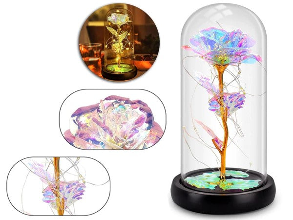 Rosa eterna in vetro, regalo in vetro luminoso a LED, sfumature oro