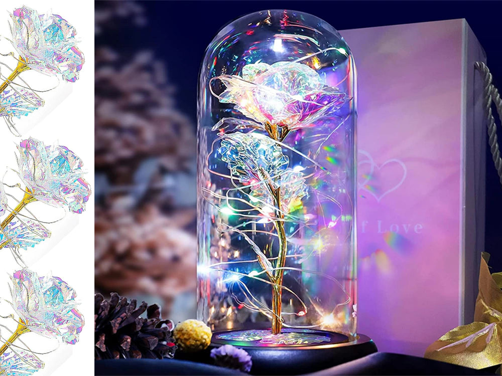 Rosa eterna in vetro, regalo in vetro luminoso a LED