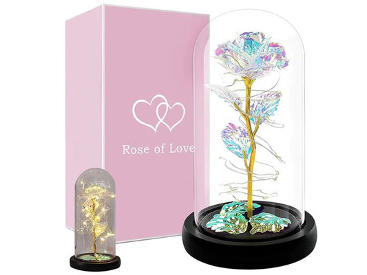 Rosa eterna in vetro, regalo in vetro luminoso a LED, sfumature oro