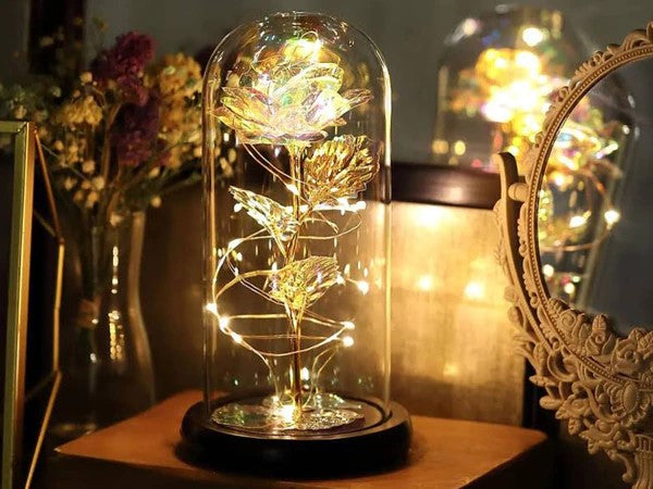 Rosa eterna in vetro, regalo in vetro luminoso a LED, sfumature oro