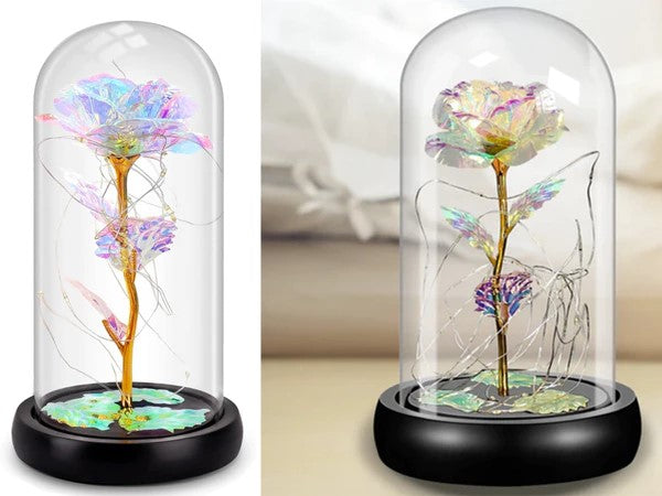 Rosa eterna in vetro, regalo in vetro luminoso a LED, sfumature oro